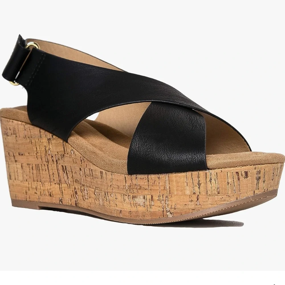 NIB Black wedge sandal on cork heel by J.Adams - 9